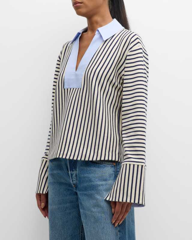 Whitney Rugby Stripe Collared V-Neck Top