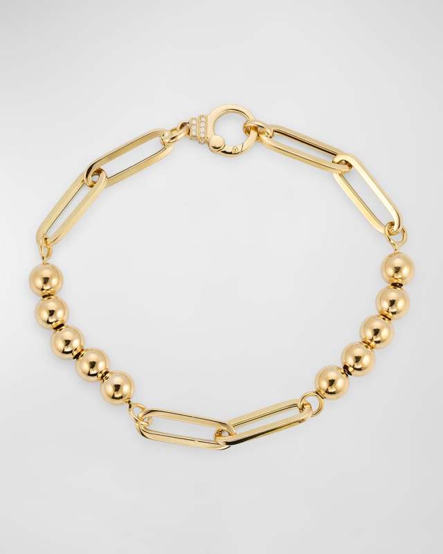 18K Yellow Gold Beads and Oval Link Bracelet with GH-SI Diamonds