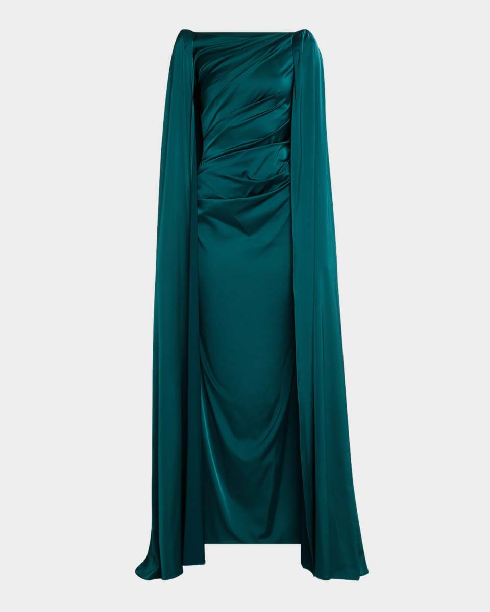 Gathered Voile Satin Cape Gown