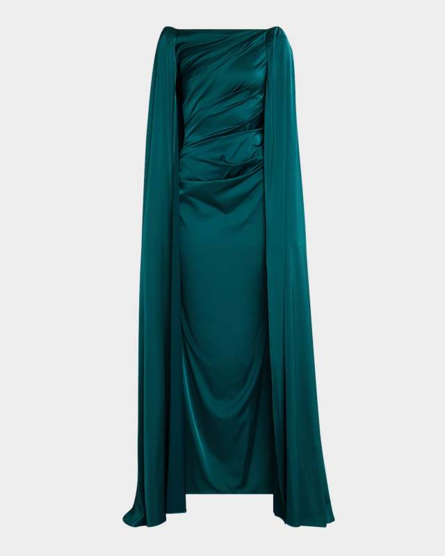 Gathered Voile Satin Cape Gown