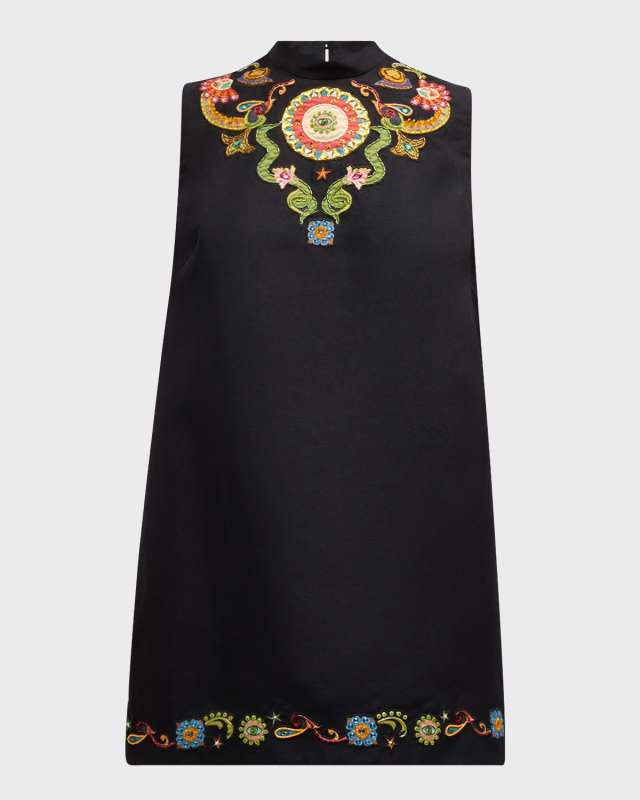 Bingo Embroidered Silk Sleeveless Mini Dress