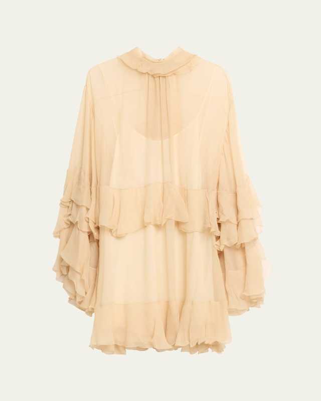 Silk Mousseline Mini Dress with Ruffle Details