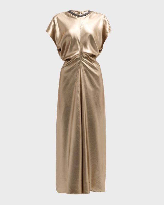 Monili-Neck Metallic Fluid Silk Ankle Dress