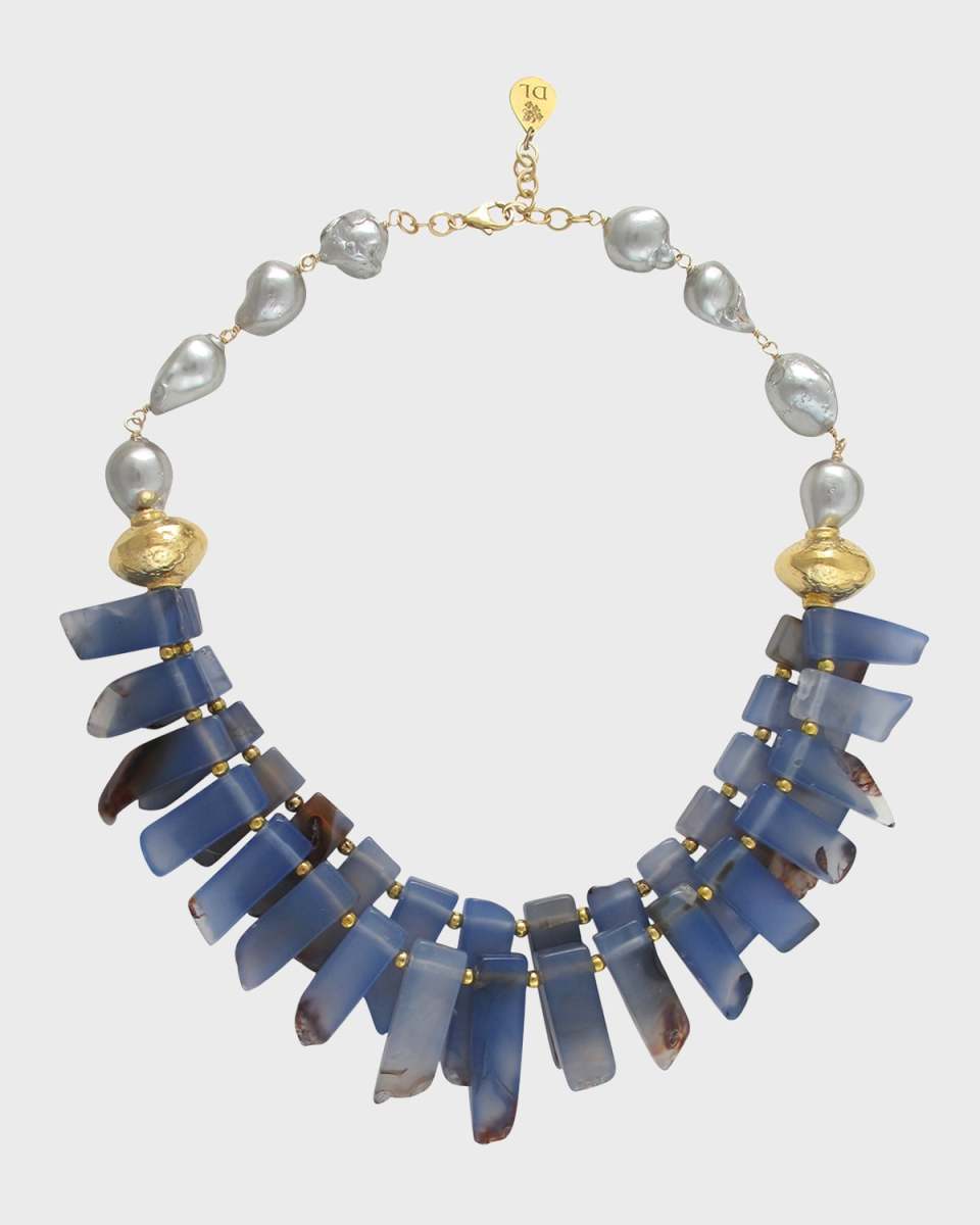 Blue Agate Slab, Gray Pearl and Gold Accent Necklace