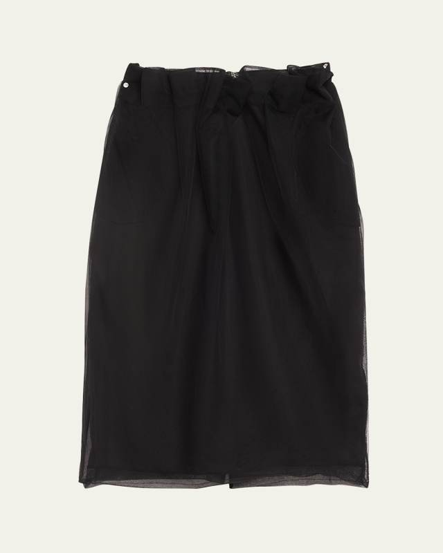 Mesh Pleated Waist Pencil Midi Skirt