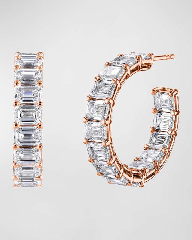 18K Gold East-West Emerald-Cut Diamond Hoop Earrings, 10.55tcw/1"L