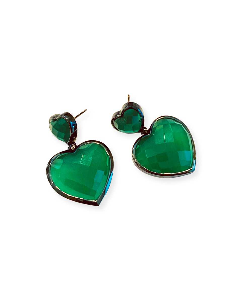 Double Heart Drop Earrings, Green Onyx