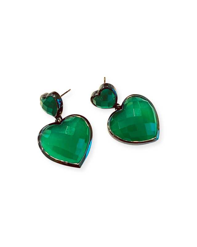 Double Heart Drop Earrings, Green Onyx