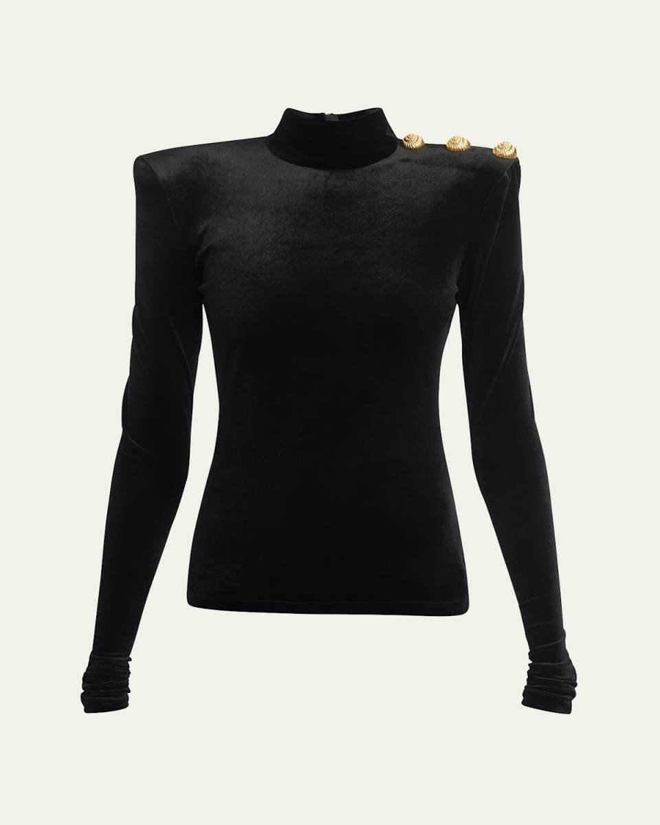 Buttoned High-Neck Velvet Top