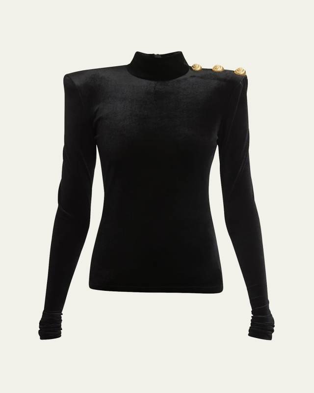 Buttoned High-Neck Velvet Top