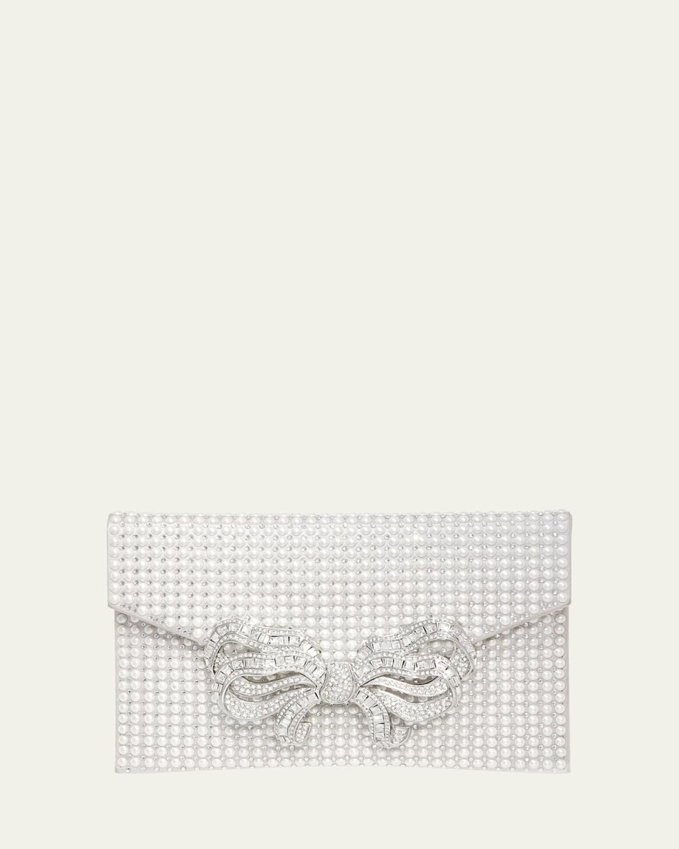 Crystal Bow Pearly Envelope Clutch Bag