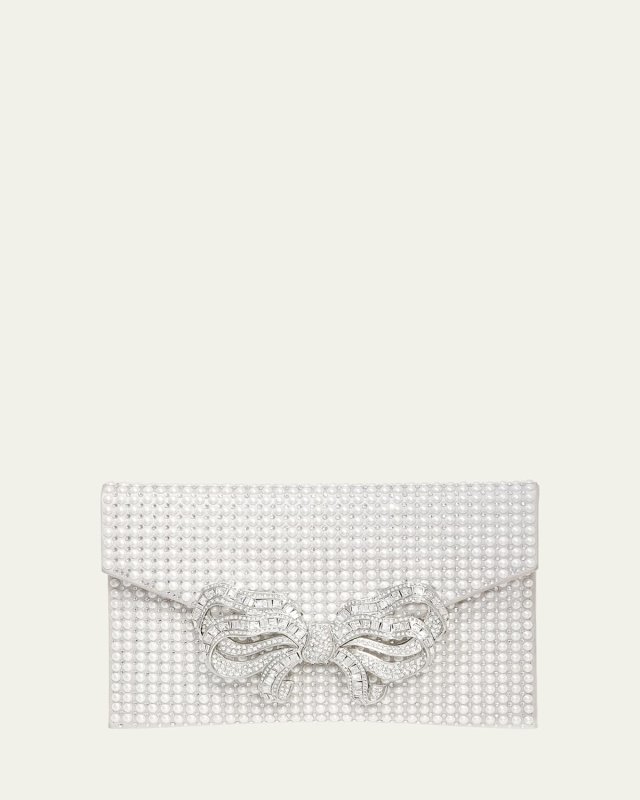 Crystal Bow Pearly Envelope Clutch Bag