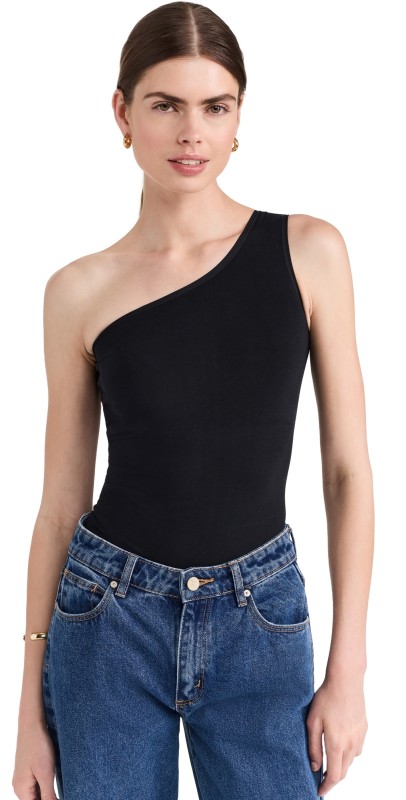Yummie One Shoulder Shaping Thong Back Bodysuit Black