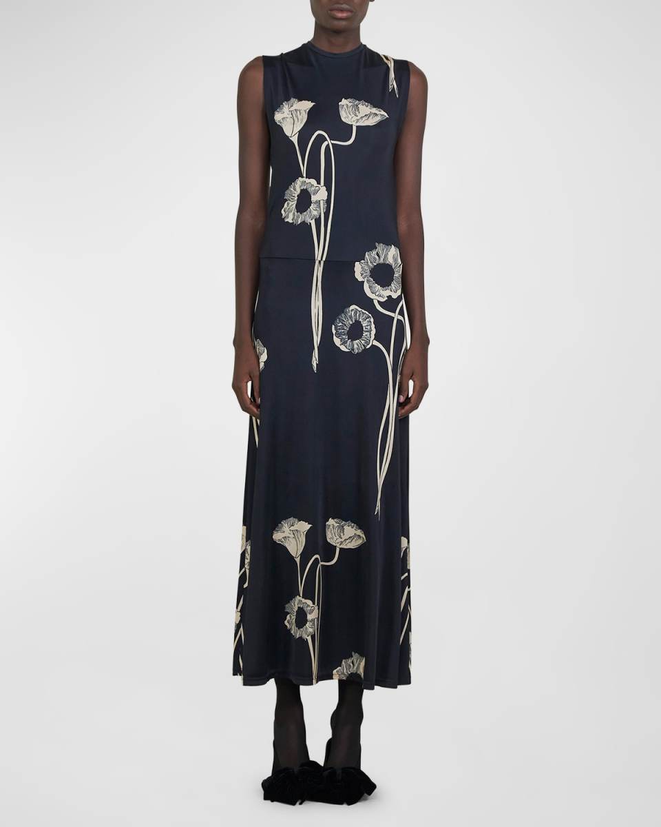 Oriental Chronicles Poppy-Print Sleeveless Ankle Dress