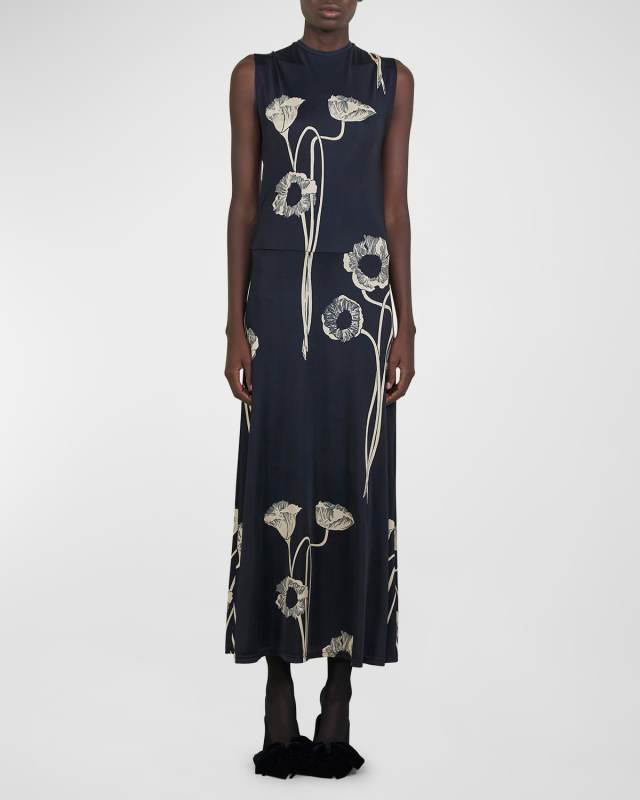Oriental Chronicles Poppy-Print Sleeveless Ankle Dress