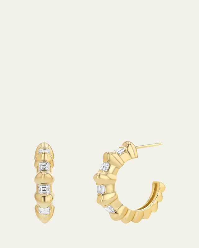 18K Yellow Gold Bubble Bar Single-Row Carre Diamond Hoop Earrings