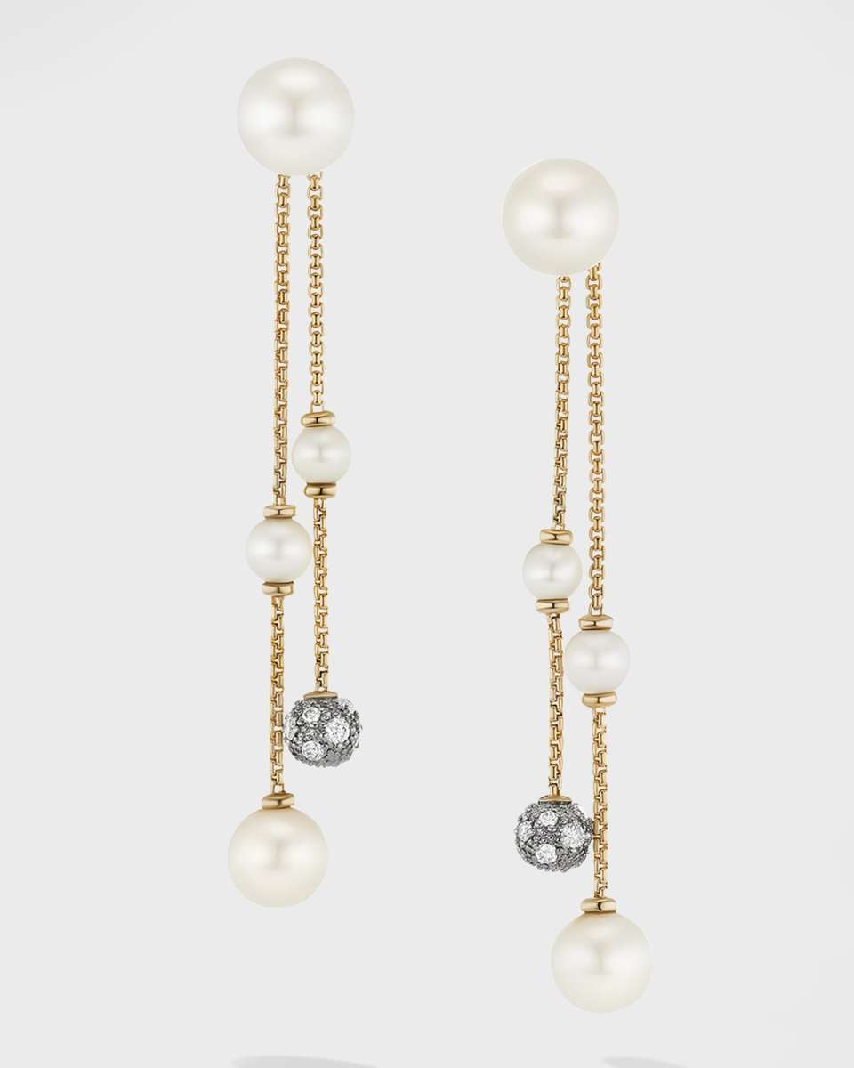 Pearl and Pave Two Row Drop Earrings with Diamonds in 18K Gold, 8mm, 2.1"L