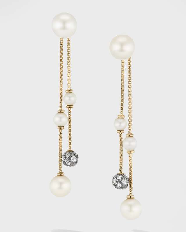 Pearl and Pave Two Row Drop Earrings with Diamonds in 18K Gold, 8mm, 2.1"L
