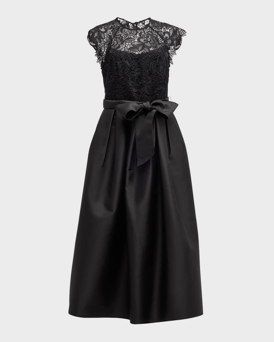 Pleated Floral Lace Mikado Gown