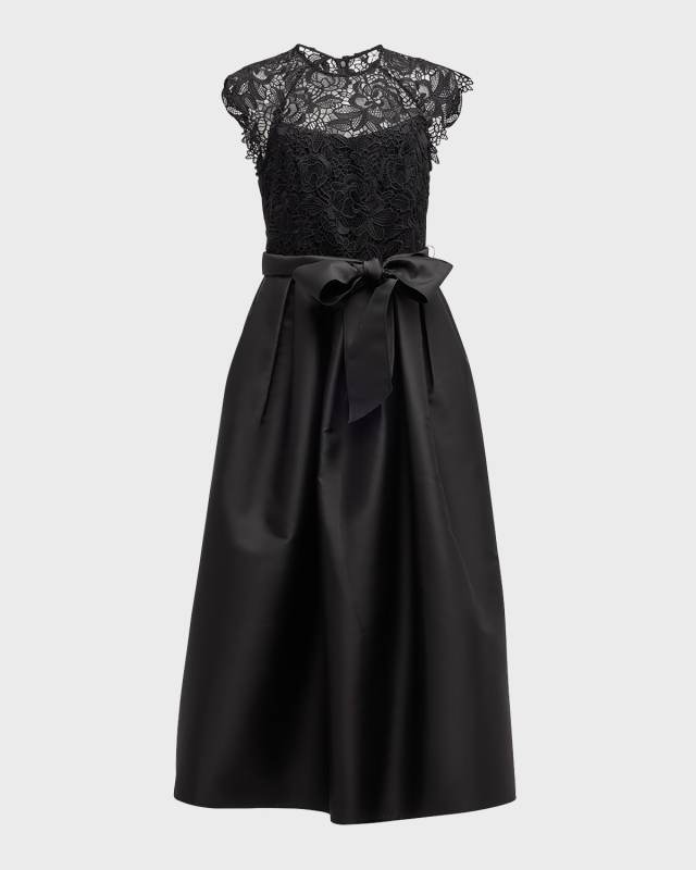Pleated Floral Lace Mikado Gown