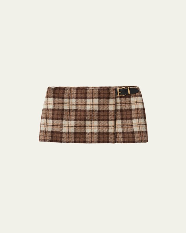 Belted Plaid Wool Mini Skirt