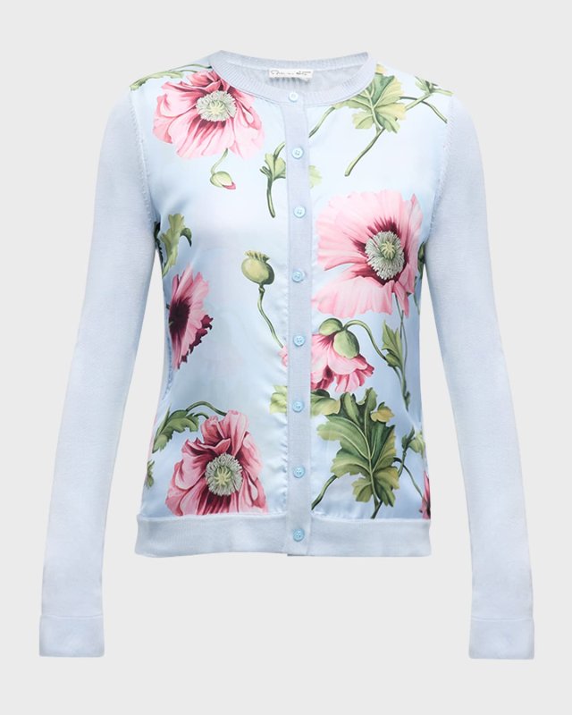 Poppies Silk Twill-Inset Long-Sleeve Knit Cardigan