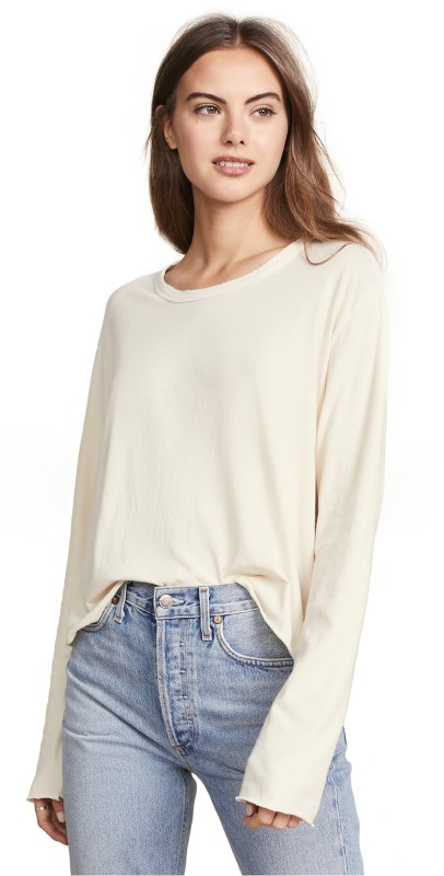 THE GREAT. The Long Sleeve Crop Tee Washed White