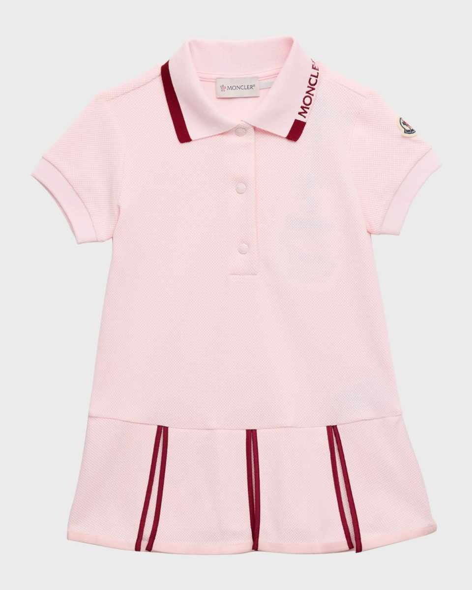 Girl's Pleated Short-Sleeve Polo Dress with Contrast Trim, Size 8-