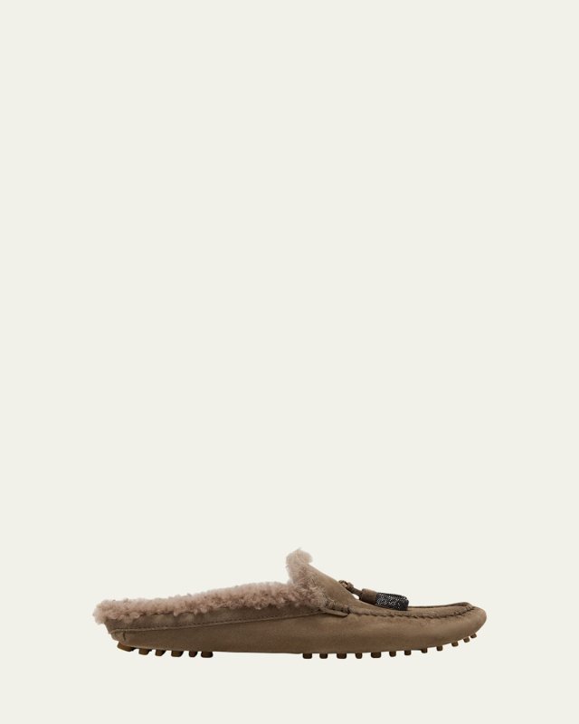 Suede Shearling Tassel Driver Loafer Mules