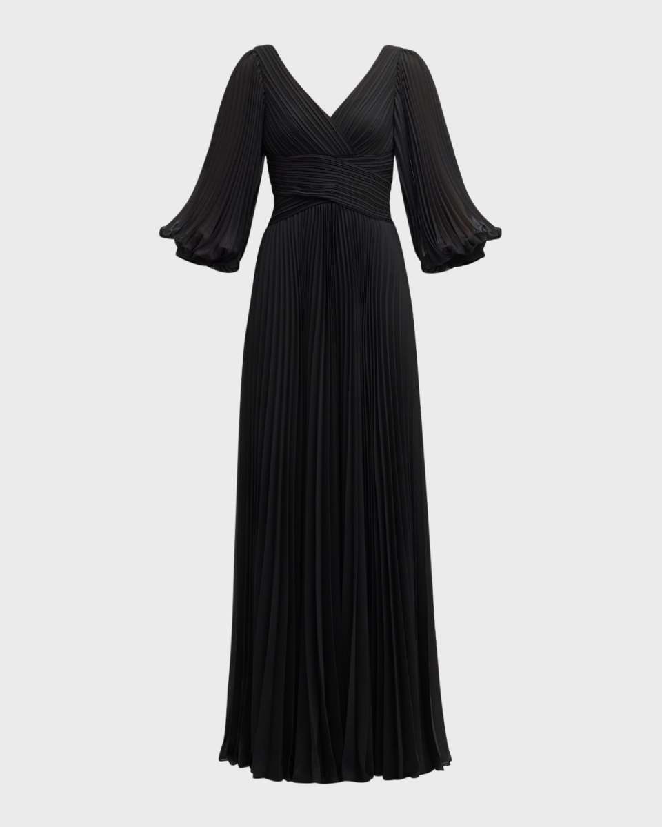 V-Neck Puff-Sleeve Pleated Chiffon Gown