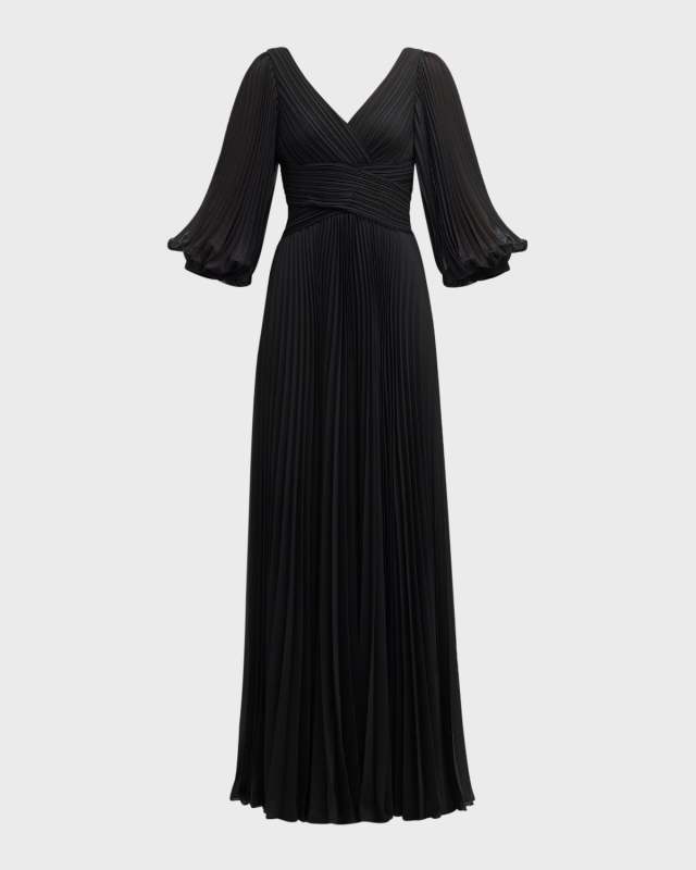 V-Neck Puff-Sleeve Pleated Chiffon Gown