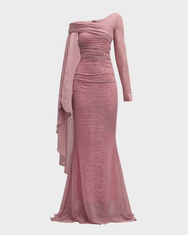 Metallic Voile Off-The-Shoulder Cape Gown