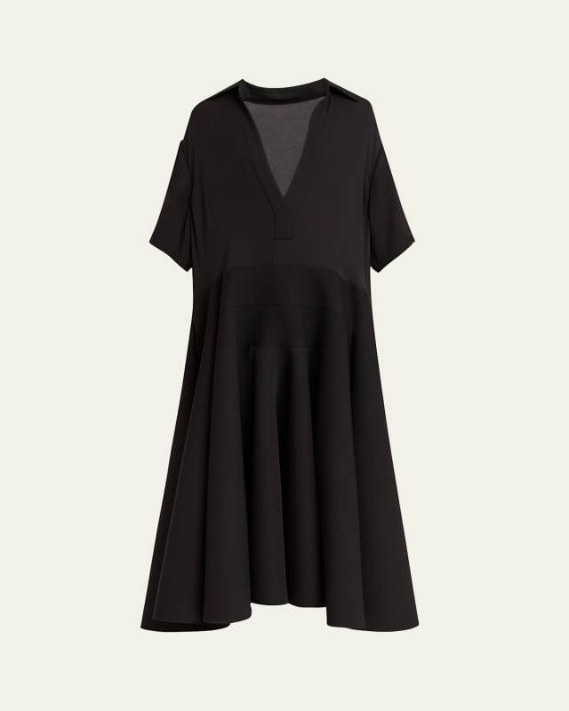 Plunging Short-Sleeve Midi Shirtdress