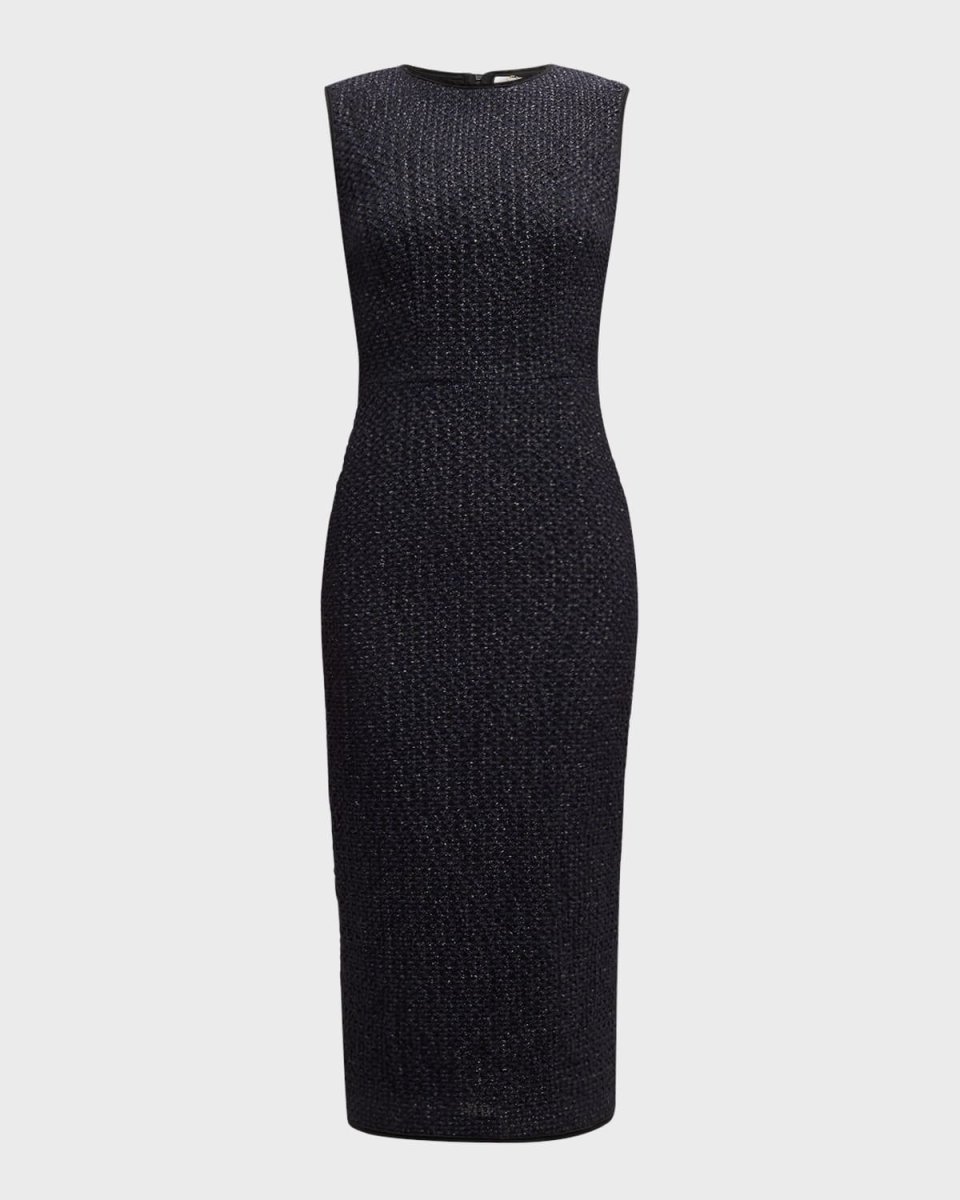 Sleeveless Metallic Tweed Midi Sheath Dress