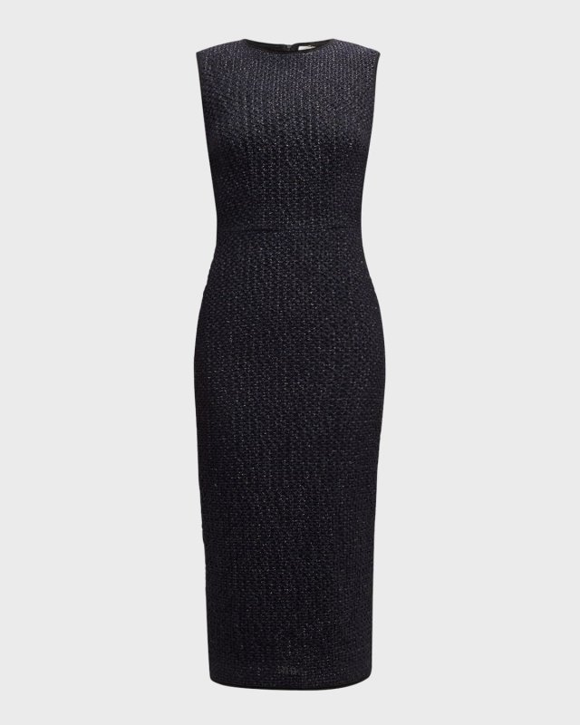 Sleeveless Metallic Tweed Midi Sheath Dress