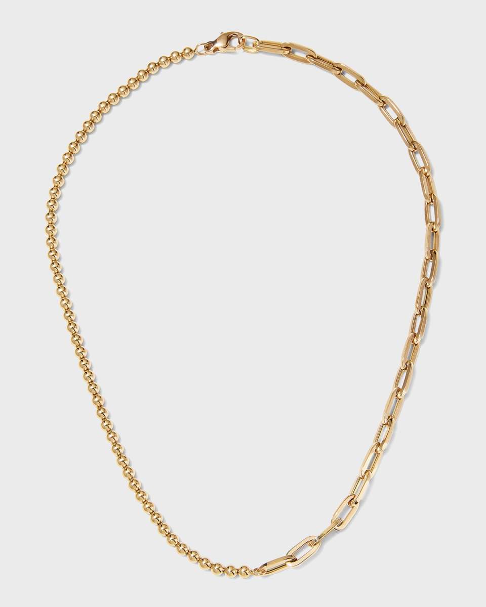 Yellow Gold Half Small Ball Half Small Oval-Link Necklace