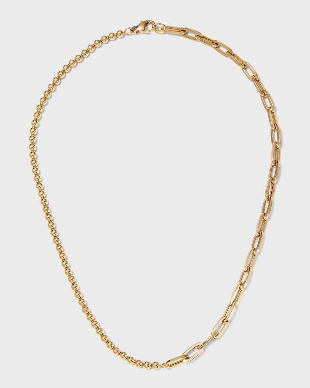 Yellow Gold Half Small Ball Half Small Oval-Link Necklace