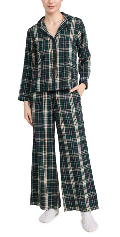 THE GREAT. Shrunken Top and Long Pajama Pants Set Pine Needle Plaid