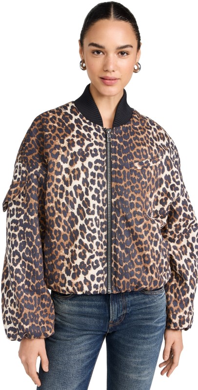 GANNI Printed Canvas Bomber Jacket Leopard