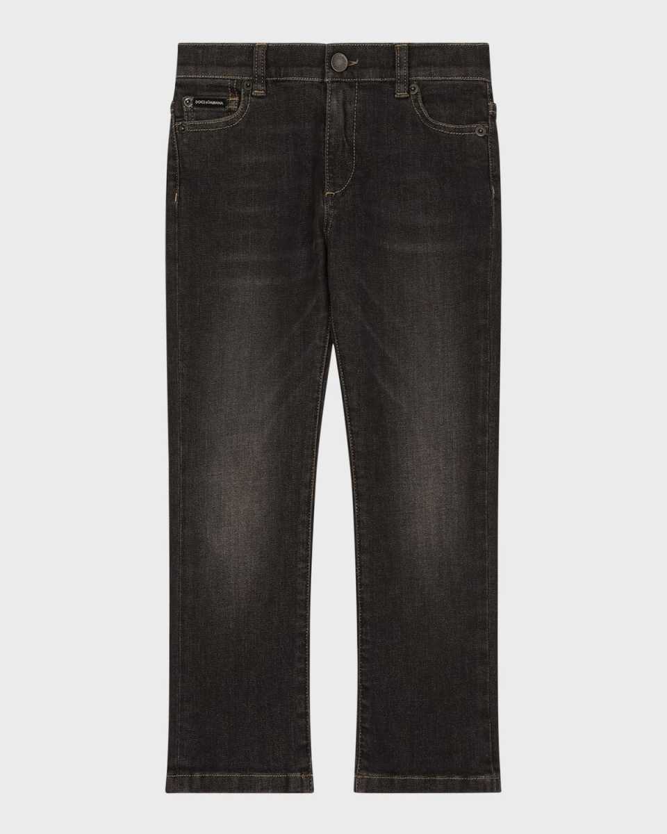 Boy's Dark Wash Logo Plaque Jeans, Size 4-