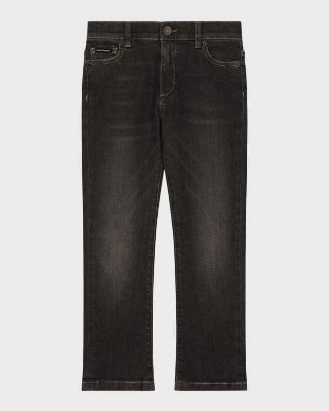 Boy's Dark Wash Logo Plaque Jeans, Size 4-