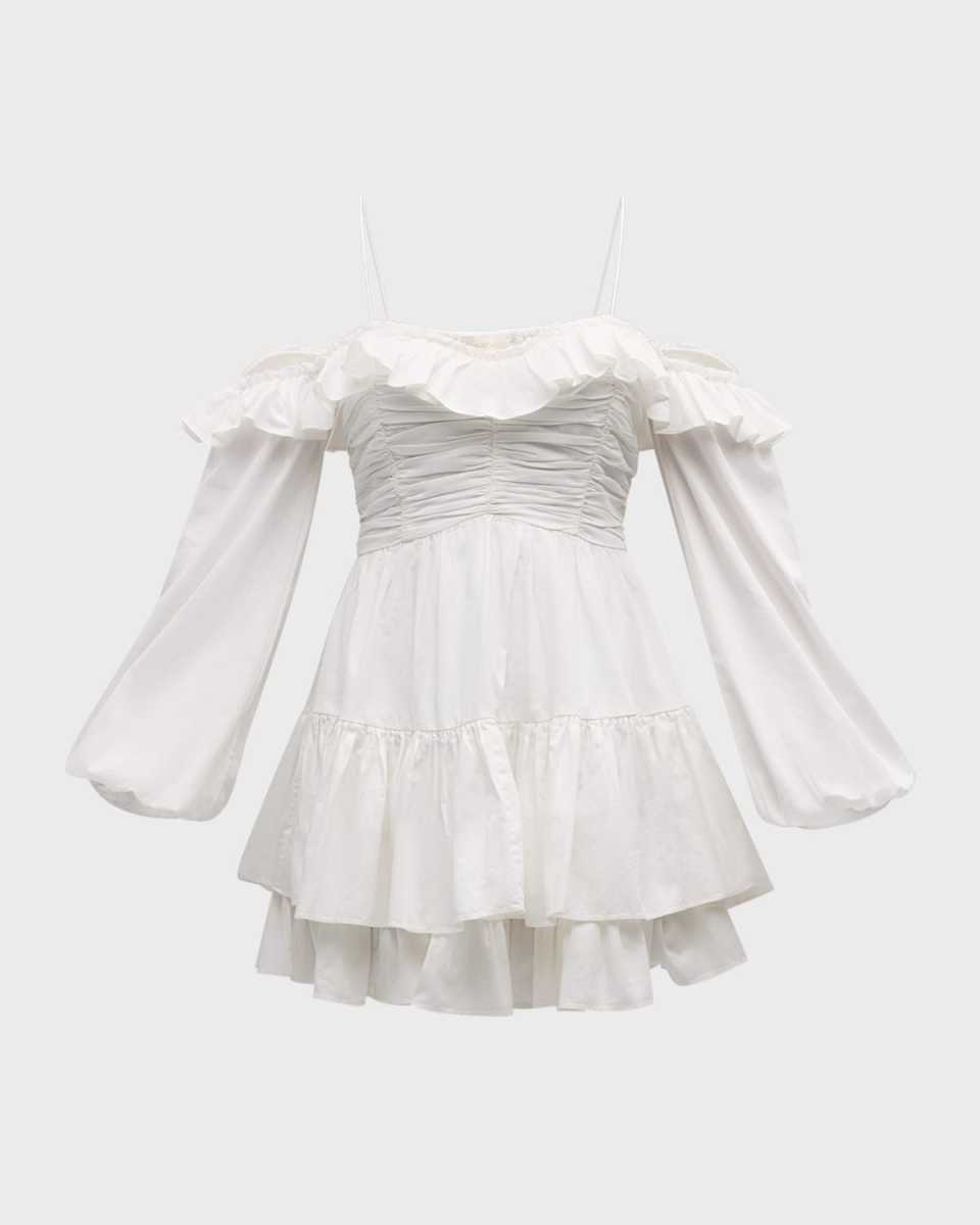 Zennia Off-Shoulder Tiered Cotton Poplin Blouson-Sleeve Mini Dress