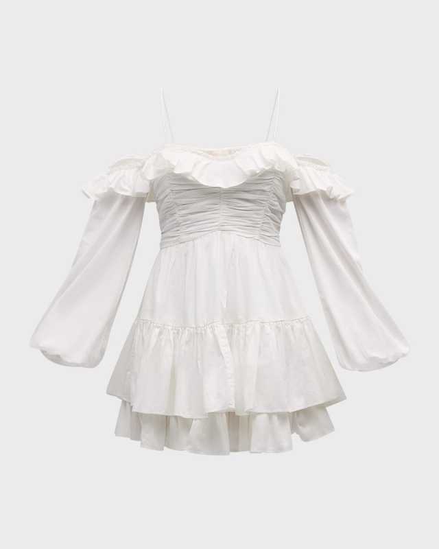 Zennia Off-Shoulder Tiered Cotton Poplin Blouson-Sleeve Mini Dress