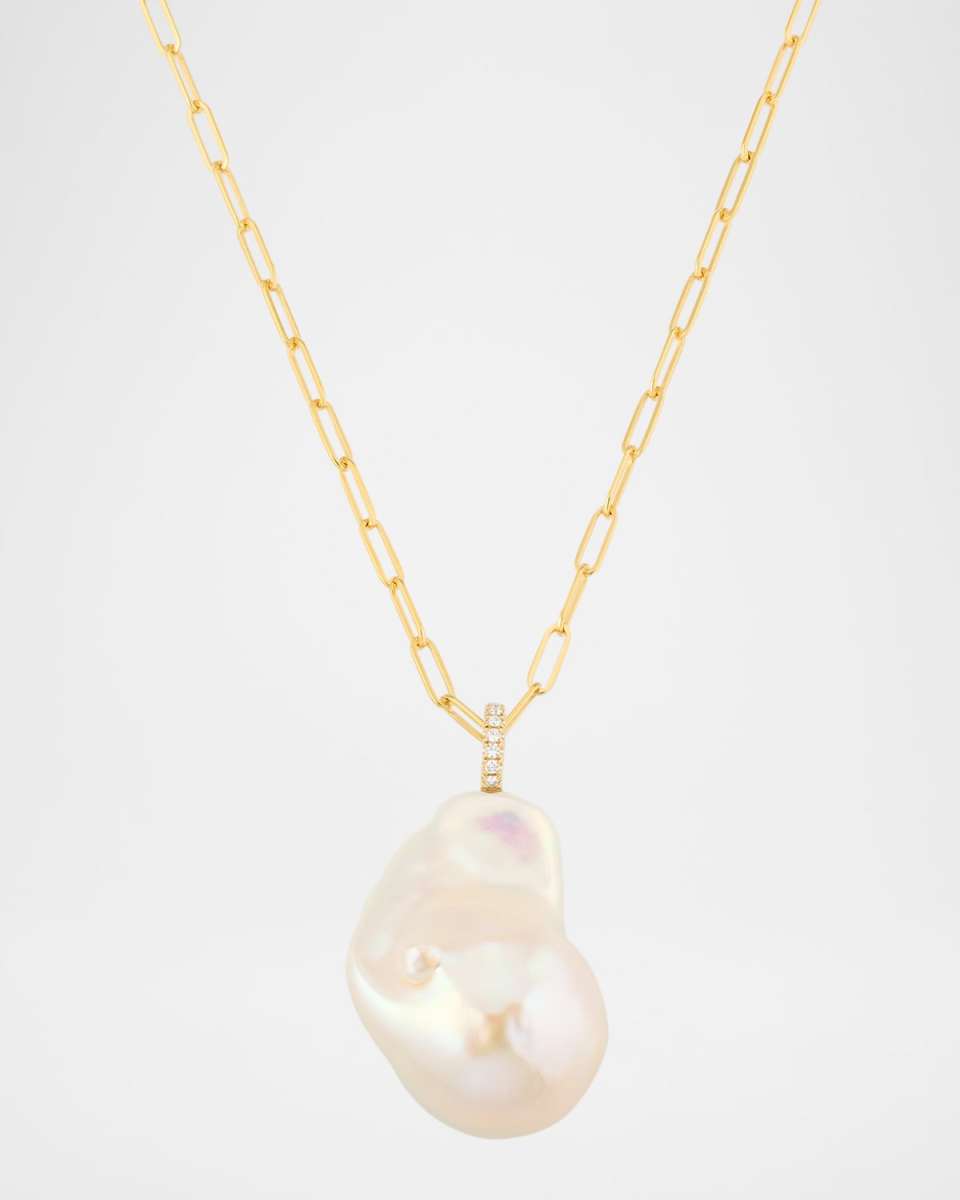 14K Yellow Gold Diamond and Baroque Pearl Link Chain Necklace, 27"L