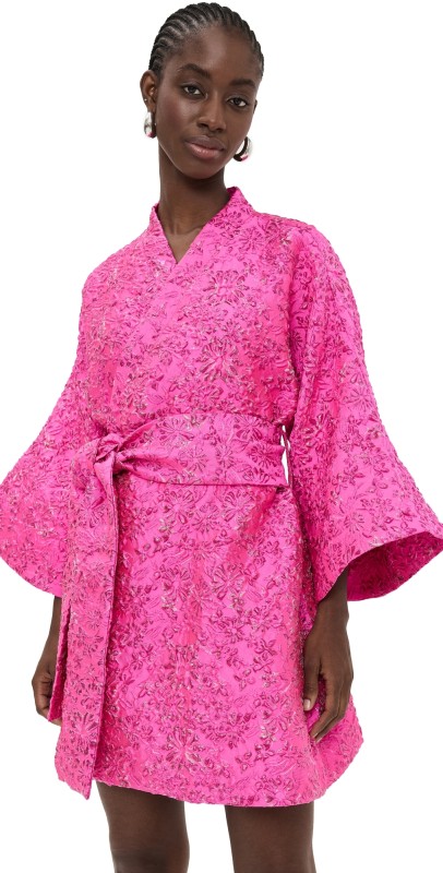 La Vie Style House Metallic Brocade Mini Wrap Dress Magenta