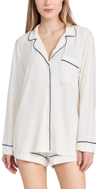 Eberjey Gisele Long Sleeve Pajama Set Pure Ivory/Navy