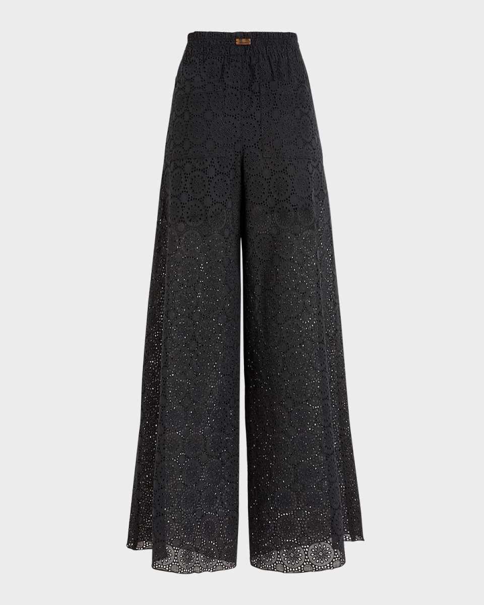 Embroidered Wide-Leg Cotton Pants