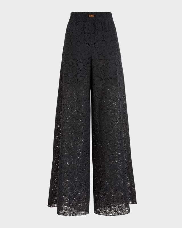 Embroidered Wide-Leg Cotton Pants