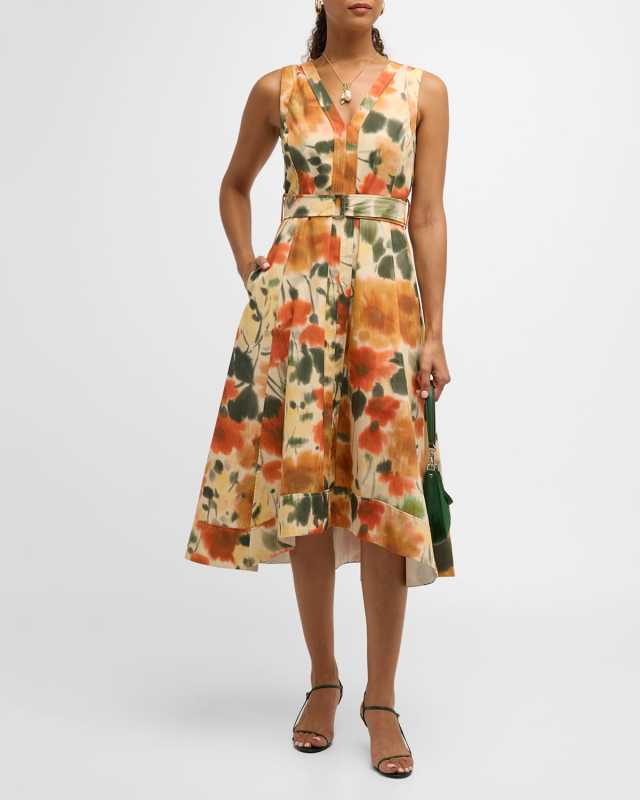 Blurred Marigold Belted Midi Dress