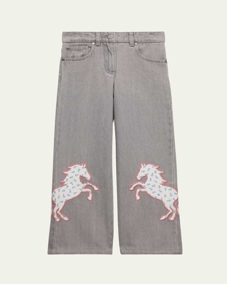 Girl's Denim Pants W/ Horse Patches, Size 3-10